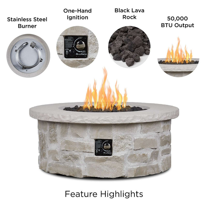 Real Flame Scottsdale 40 round propane fire pit table key features infographic