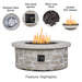Real Flame Scottsdale 40 round propane fire pit table key features infographic