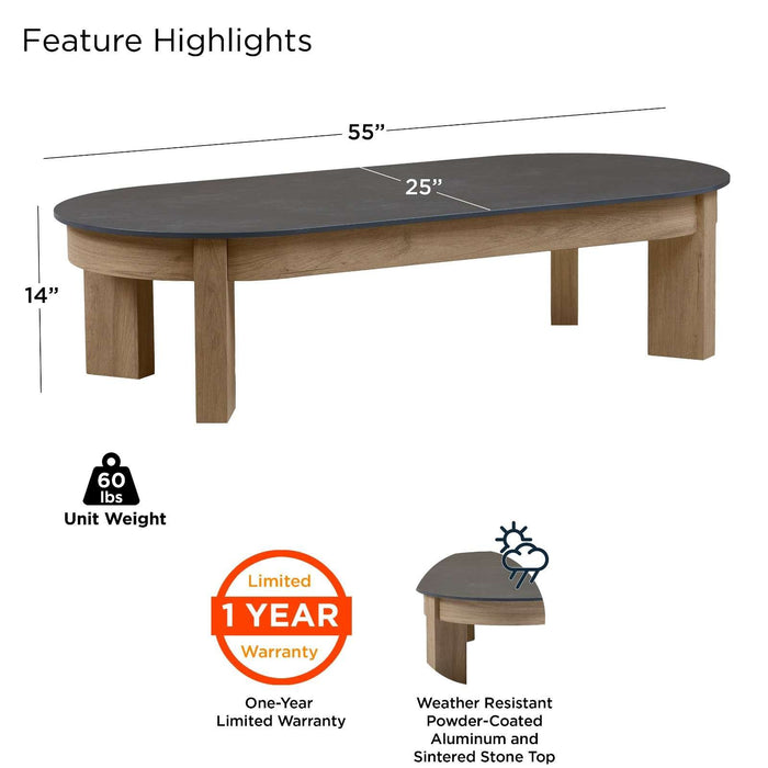 Real Flame Stratton outdoor coffee table key features infographic callout