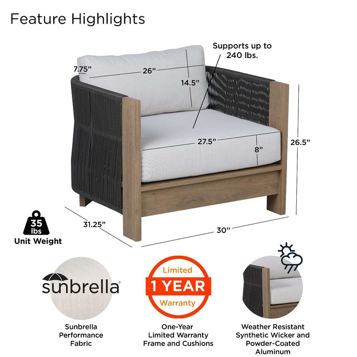 Real Flame Stratton outdoor lounge chair key features infographic callout