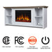 Real Flame Tramore electric fireplace TV stand in white with driftwood top shown with CSA certified, FCC certified, 1-year limited warranty, and auto safety shut-off badges