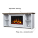 Real Flame Tramore white electric fireplace TV stand with callouts showing adjustable open shelving on both sides and standard outlet plug-in on the back right corner
