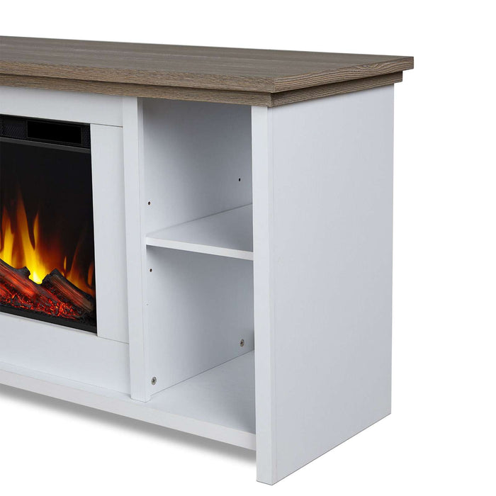 Close-up side detail of Real Flame Tramore white electric fireplace TV stand showing two open adjustable shelves with gray driftwood top and orange flame firebox visible