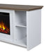 Close-up side detail of Real Flame Tramore white electric fireplace TV stand showing two open adjustable shelves with gray driftwood top and orange flame firebox visible