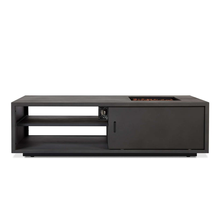 Real Flame Vance propane fire table side profile view sliding door storage