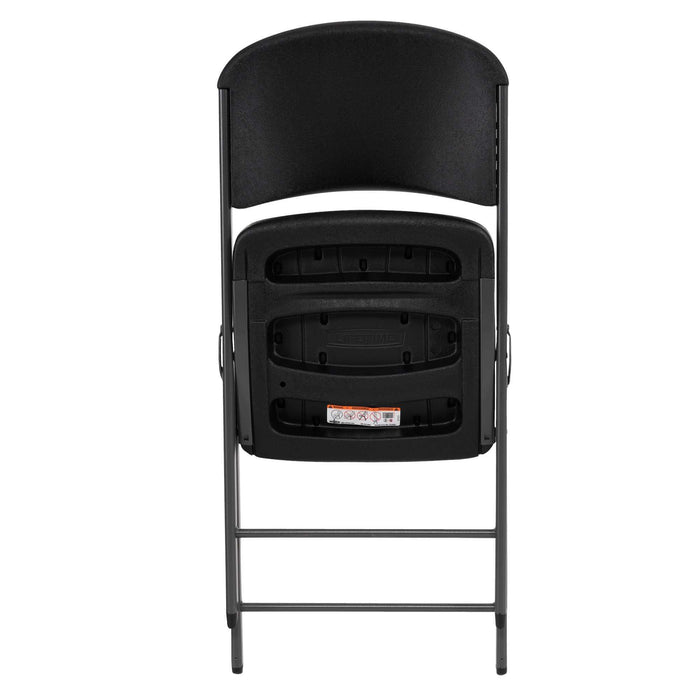Rear view of Lifetime 4-Pack Classic Folding Chair in black showing molded back panel and steel support frame