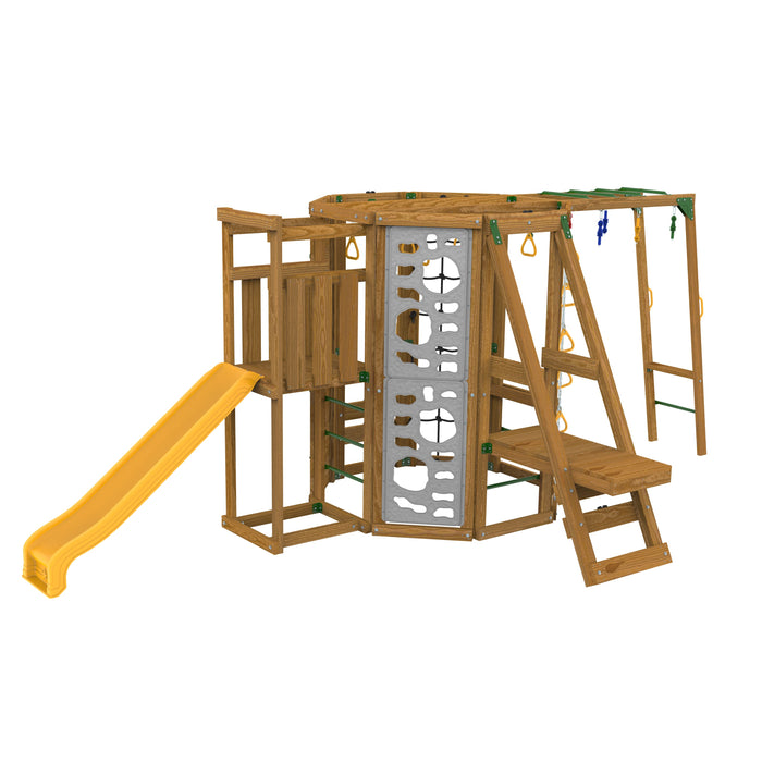 Back angle of Playstar Ninja Power Tower Bronze playset showing slide and climbing wall