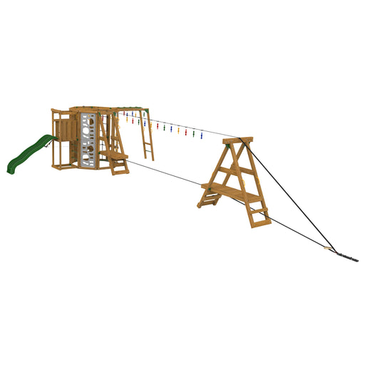 Back view of the Ninja Power Tower Silver outdoor swing set showing ropes and climbing wall