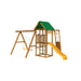 Back angle of Playstar Plateau Bronze wooden swing set with slide, tower, and swings.