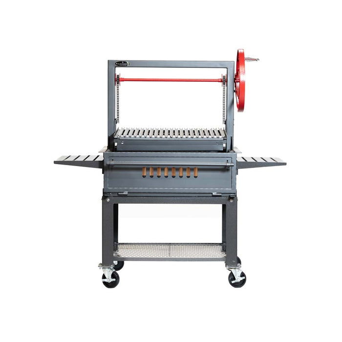 Rear view of the Sunterra Outdoor Santa Maria BBQ Grill with Cart, showcasing the ventilation and sturdy cart base for outdoor grilling.