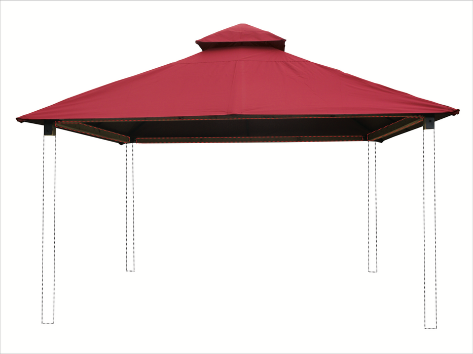 Red OutDURA canopy on Riverstone ACACIA Gazebo Roof Framing and Mounting Kit with sturdy wood posts and steel roof frame.