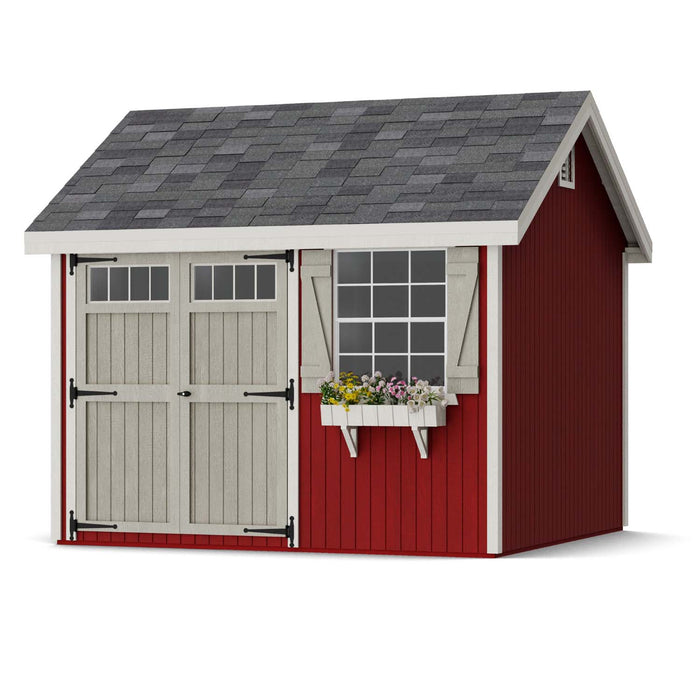 Compact 10x10 Colonial Pinehurst Shed in red with white trim and gray doors, perfect for small gardens.