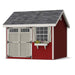 Compact 10x10 Colonial Pinehurst Shed in red with white trim and gray doors, perfect for small gardens.
