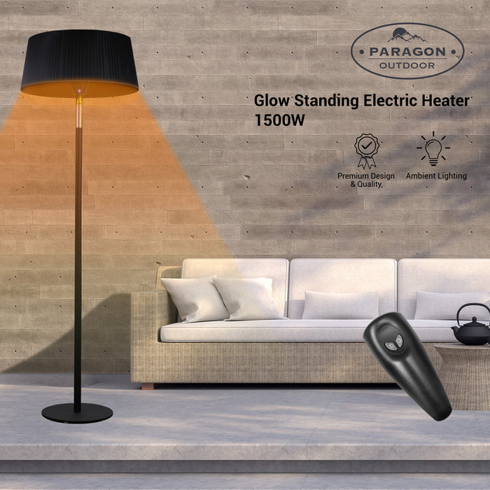 A promotional image of the electric heater with a remote control, emphasizing the heater's sleek design and modern functionality in an indoor setting.