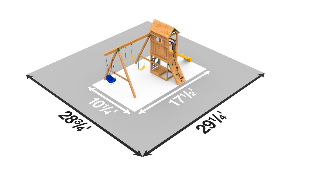 Top-down dimension diagram showing setup area for Playstar Ridgeline Bronze backyard playset.