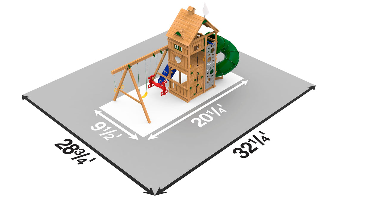 Top-down view showing layout and space dimensions for the Playstar Ridgeline Gold backyard playset.