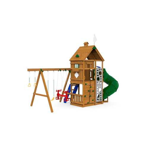 Wooden Playstar Ridgeline Gold Playset featuring green spiral slide, clubhouse, and multiple swings.