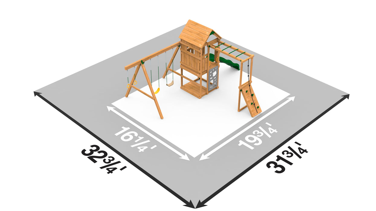 Illustration of Playstar Ridgeline Silver Playset footprint with measurements for safe backyard setup.