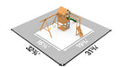Illustration of Playstar Ridgeline Silver Playset footprint with measurements for safe backyard setup.