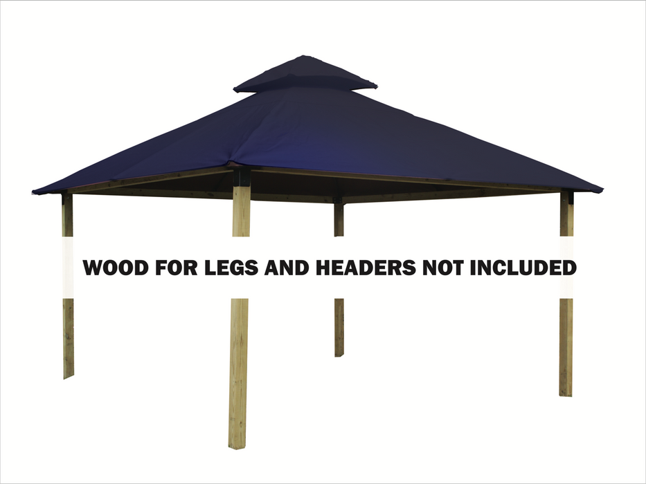 Front view of Riverstone ACACIA Gazebo Roof Framing and Mounting Kit featuring admiral navy OutDURA canopy, wood for legs and headers not included.