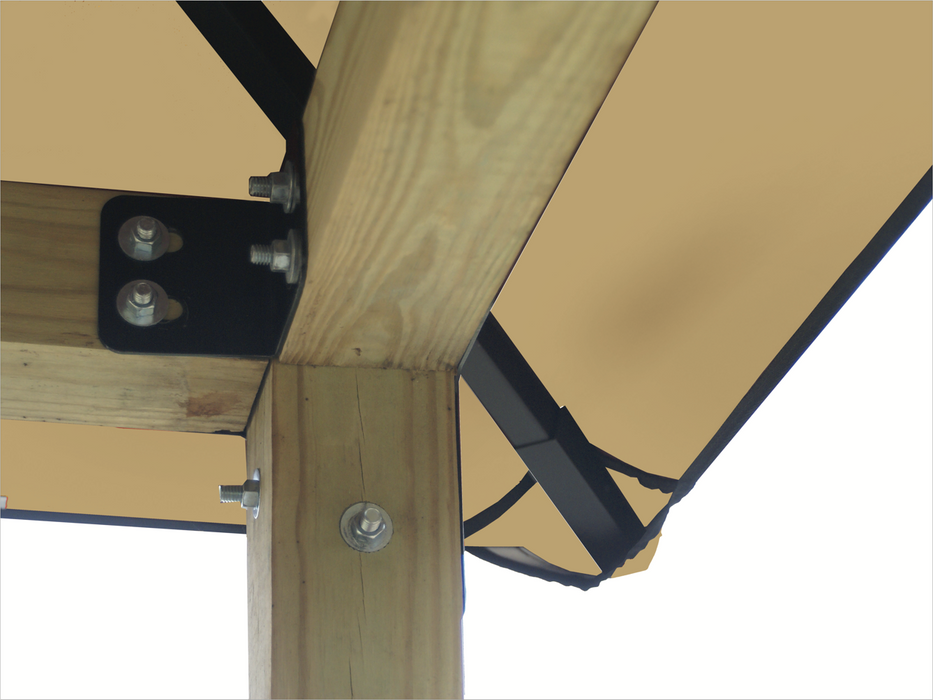 Close-up of Riverstone ACACIA Gazebo Roof Framing and Mounting Kit with khaki OutDURA canopy and reinforced corner bracket connection.