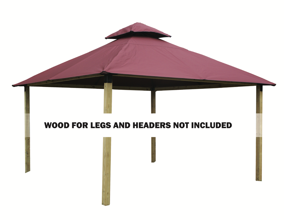 Front view of Riverstone ACACIA Gazebo Roof Framing and Mounting Kit with maroon OutDURA canopy installed, wood legs not included.