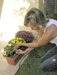 Woman installing drip line from Riverstone Greenhouse Irrigation Systems in patio flower planter box