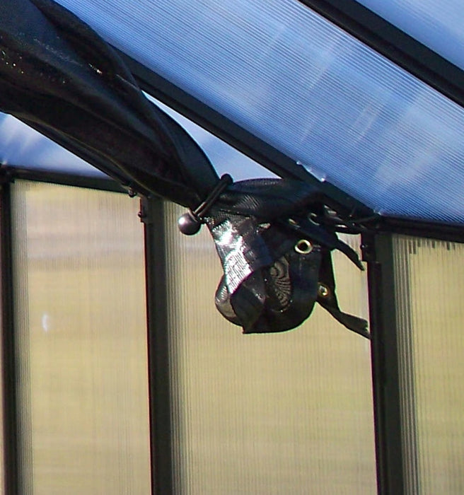 Close up of Riverstone Greenhouse Internal Shade Cloth mounting hardware secured to aluminum frame