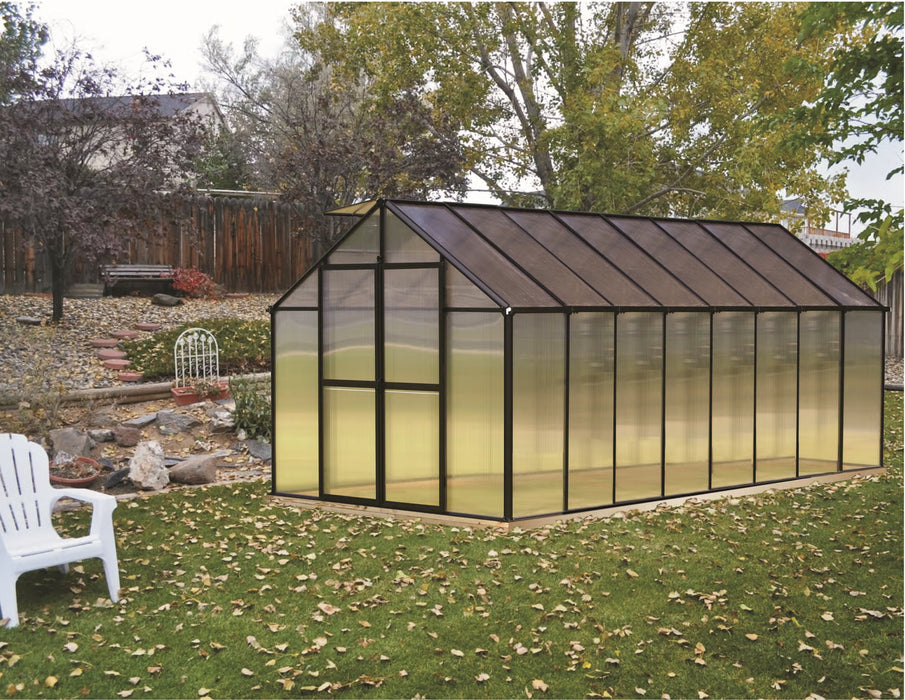 Riverstone MONT Greenhouse 16ft black model installed in backyard garden setting lifestyle view