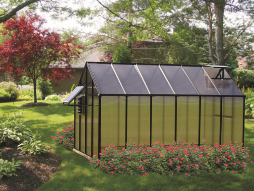 Riverstone MONT Greenhouse MOHEAT 12ft black greenhouse installed in backyard garden with roof vent and polycarbonate panels