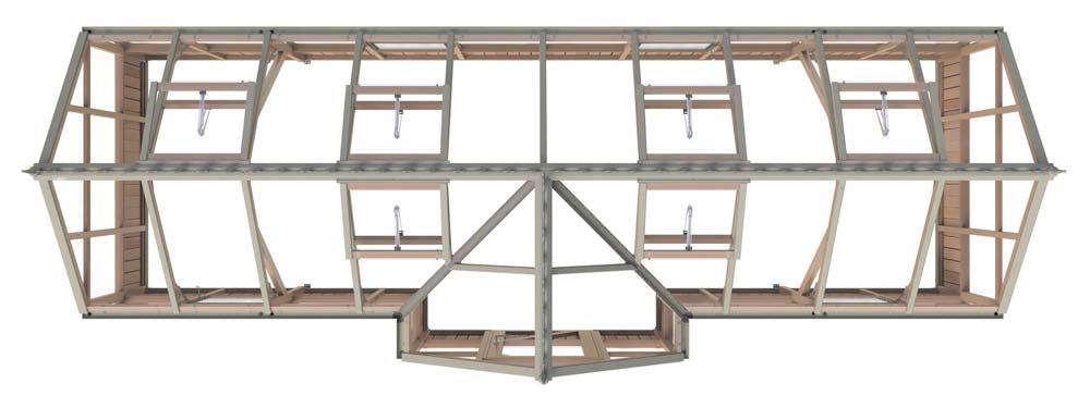 Roof configuration view of the Alton Cedar Structure 7x20 Durham Greenhouse, showing ventilation placements and structural layout.