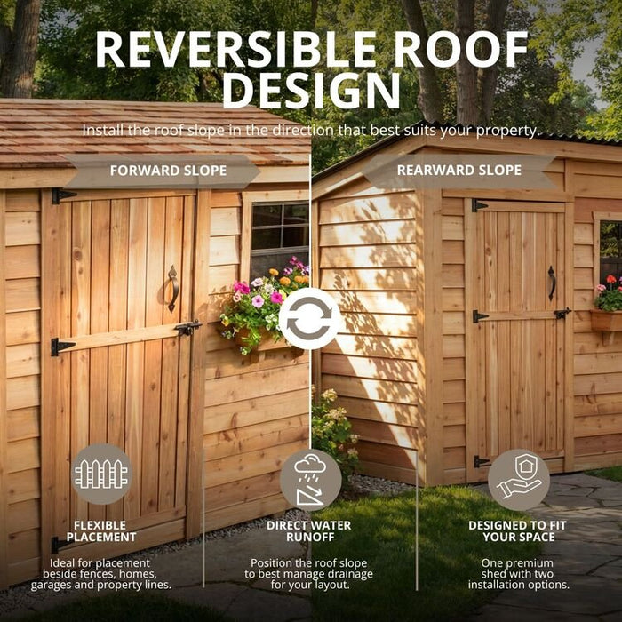Close-up of the cedar single door on the Outdoor Living Today  SpaceSaver 8x4 storage shed, showing reversible roof desingn
