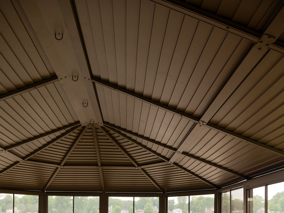 Interior close-up of the Florence solarium's metal roof, displaying the central hook for hanging accessories and the radial pattern of the roof panels.