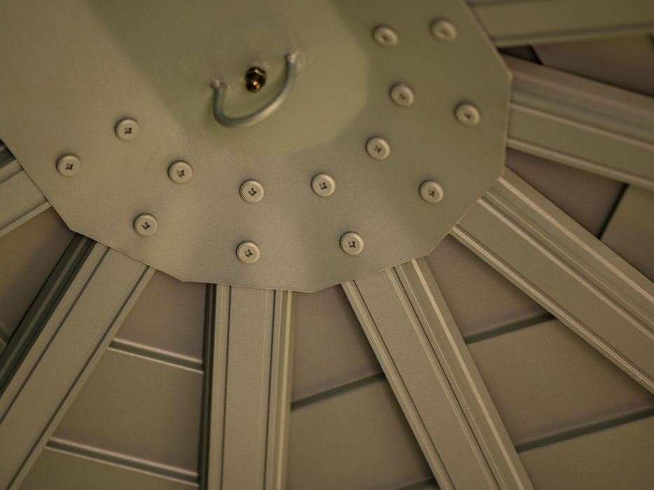 Interior close-up of the Florence solarium gazebo's metal roof, displaying the central hook for hanging accessories and the radial pattern of the roof panels.