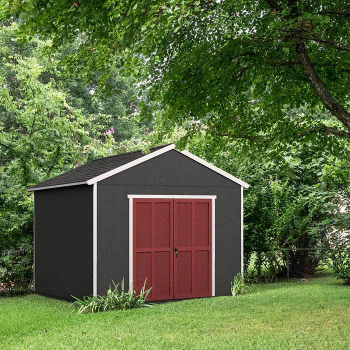 rookwood shed red red double door on a backyard