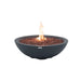 This dark gray concrete fire bowl, the Elementi Rose Bowl 48 Fire Pit, burns a tall orange-yellow flame through reddish lava rock on a plain white studio background, highlighting its deep charcoal finish and rounded silhouette.