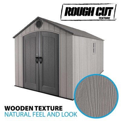 Side angle view of the Lifetime 8x15 ft. storage shed highlighting the Rough Cut wood-look texture.