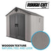 Side angle view of the Lifetime 8x15 ft. storage shed highlighting the Rough Cut wood-look texture.