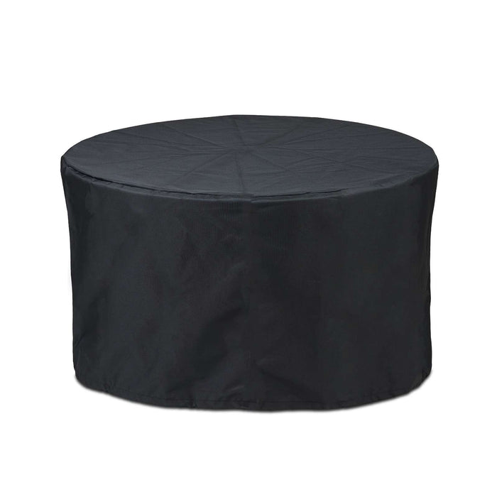 Black round protective storage cover fully fitted over the Real Flame Calvin 44" Fire Pit Table, shown on a white background