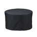 Black round protective storage cover fully fitted over the Real Flame Calvin 44" Fire Pit Table, shown on a white background