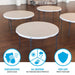 Lifetime round folding tables on a hardwood floor with stain resistant, all-weather, and foot cap callouts.