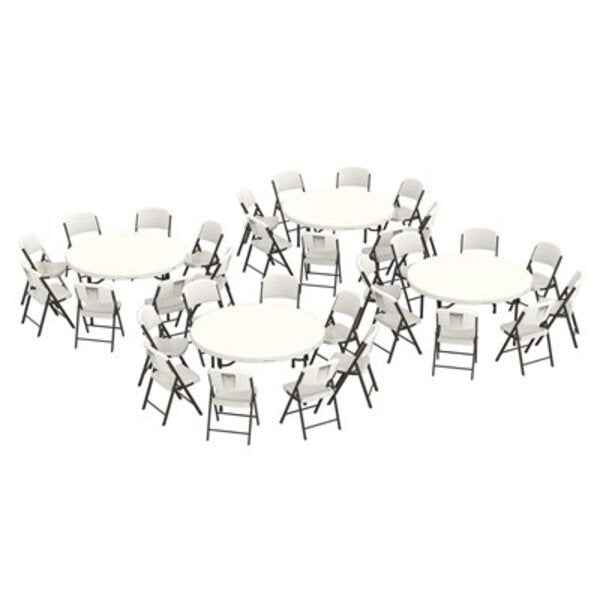 Overhead studio shot of four Lifetime round tables grouped with folding chairs, white background.