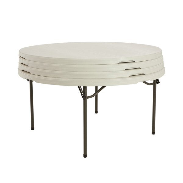 Studio shot of Lifetime round folding tables nested and stacked together showing the space-saving design.