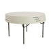 Studio shot of Lifetime round folding tables nested and stacked together showing the space-saving design.