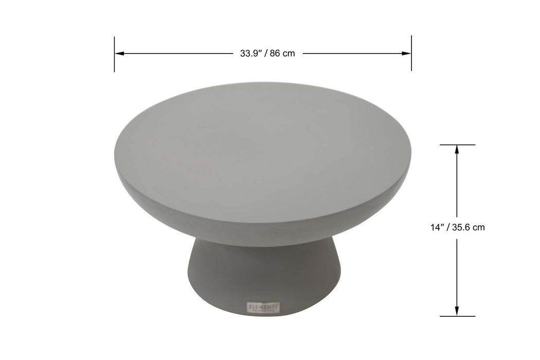 Top view of Elementi Kylix Series medium coffee table in space grey with dimensions labeled, highlighting its round shape and size.