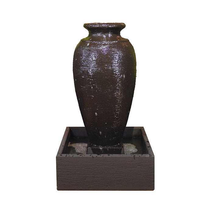 Rust brown amphora water fountain with square basin in a white background.