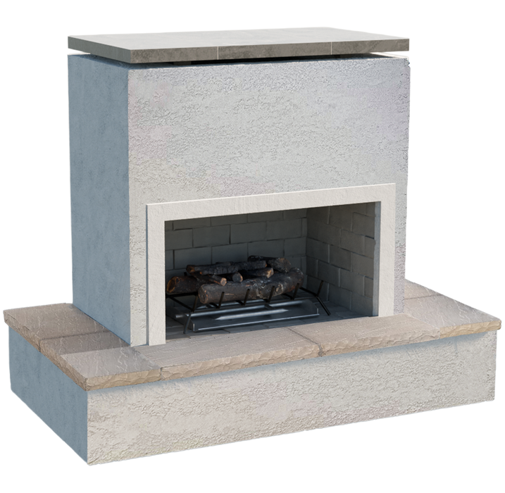 Front view of Sahara outdoor fireplace showing stucco finish, trim, and firebox.