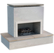 Front view of Sahara outdoor fireplace showing stucco finish, trim, and firebox.