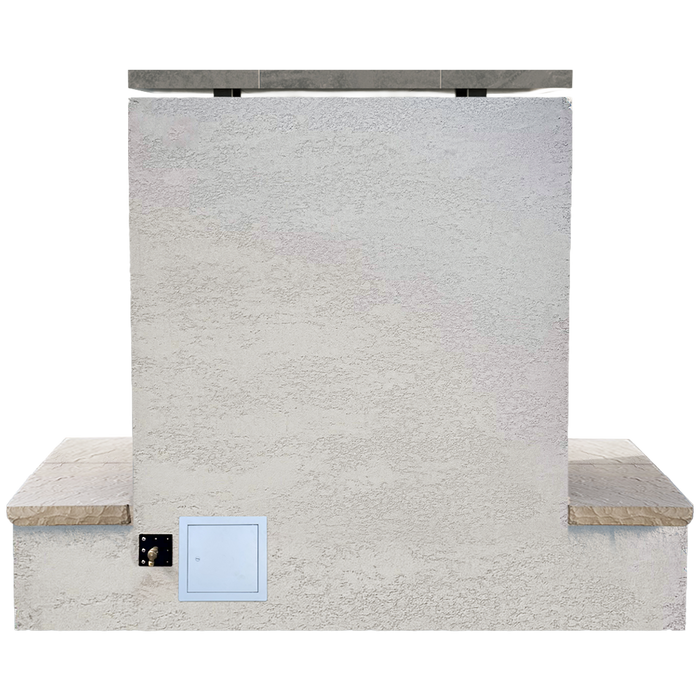 Rear stucco view of Sahara patio fireplace with trim and bedrock details.