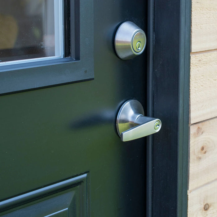 Close-up of black entry door and lock hardware on Saltbox Studio Shed 12x8